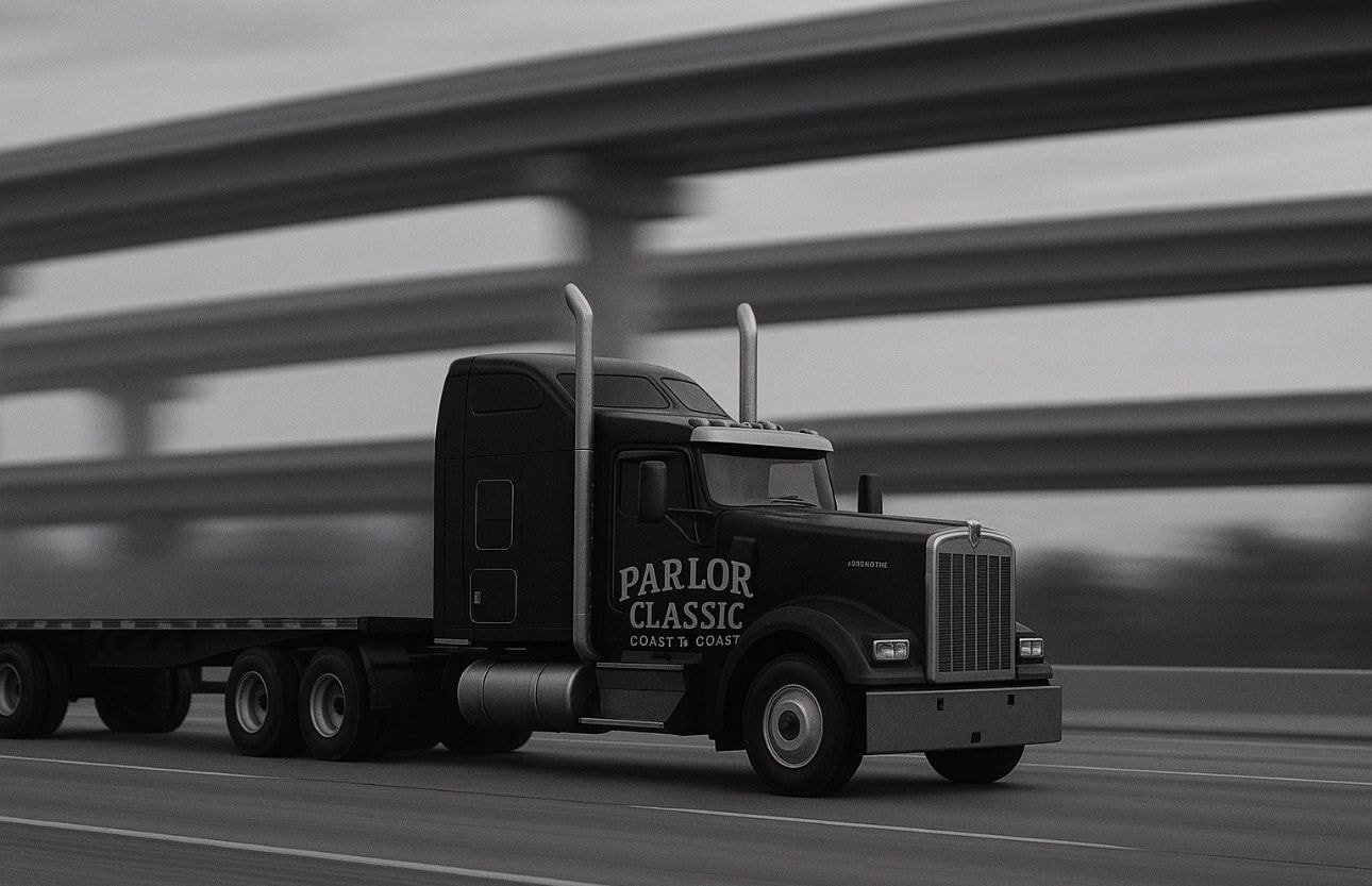 Flatbed truck on overpass — Parlor Classic freight operations